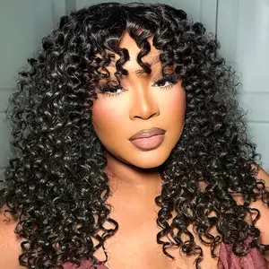 U&A Hair Blend Human Hair Curly Wig with Bangs 6x4 Glueless Lace Front Wig Wear and Go Realistic Look with True Scalp Tiny Knots 220% density ,More Fluffy
