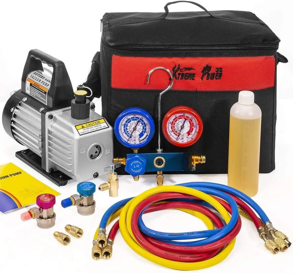 XtremepowerUS 1/4 HP 3CFM HVAC Air Vacuum Pump Full Kit for A/C Repair, Compatible with R134a, R12, R22, R410a, Includes Manifold Gauge, R134 Can-Tap, Hose & Storage Bag