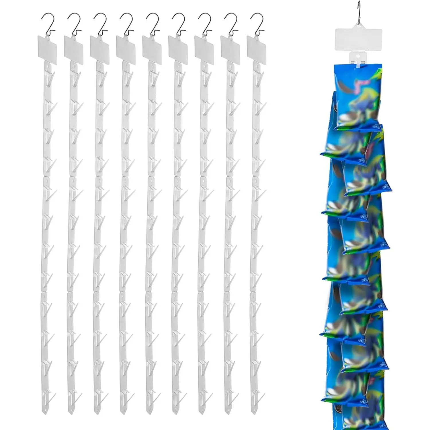 10-Count Lightweight Plastic Station Hanging Merchandise Strips with Hooks, Organiser for Retail Display with Label Header & Hang Tag Holder Hanger