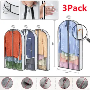 SJPACK 3Pcs 40" Garment Bag Travel Suit Dress Storage Clear Cover Full Zipper Moth Proof Lightweight Suit Cover for Winter Coats and Jackets Smooth Pastel