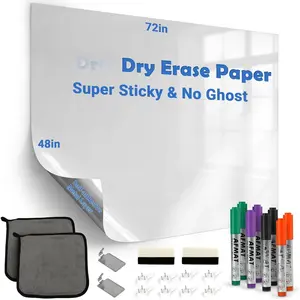 White Board Dry Erase Paper, 72" x 48" Large Whiteboard Wallpaper, with 8 Markers, Stain-Proof & Super Sticky, No , 6' x 4' Peel and Stick Dry Erase Board Paper Roll for Wall//Office