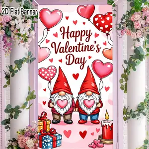 2D flat banner, 1pcValentine's Day Gnome Decorations - Cheerful Gnome with Heart Balloons & Gift Boxes, Perfect for Festive Valentine Decor