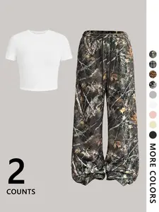 Short Fitted Top with Long Pants Set, Print, Comfortable Casual Homewear, Fashion Design for Trendy Women, Daily Wear, Womenswear, Clothes