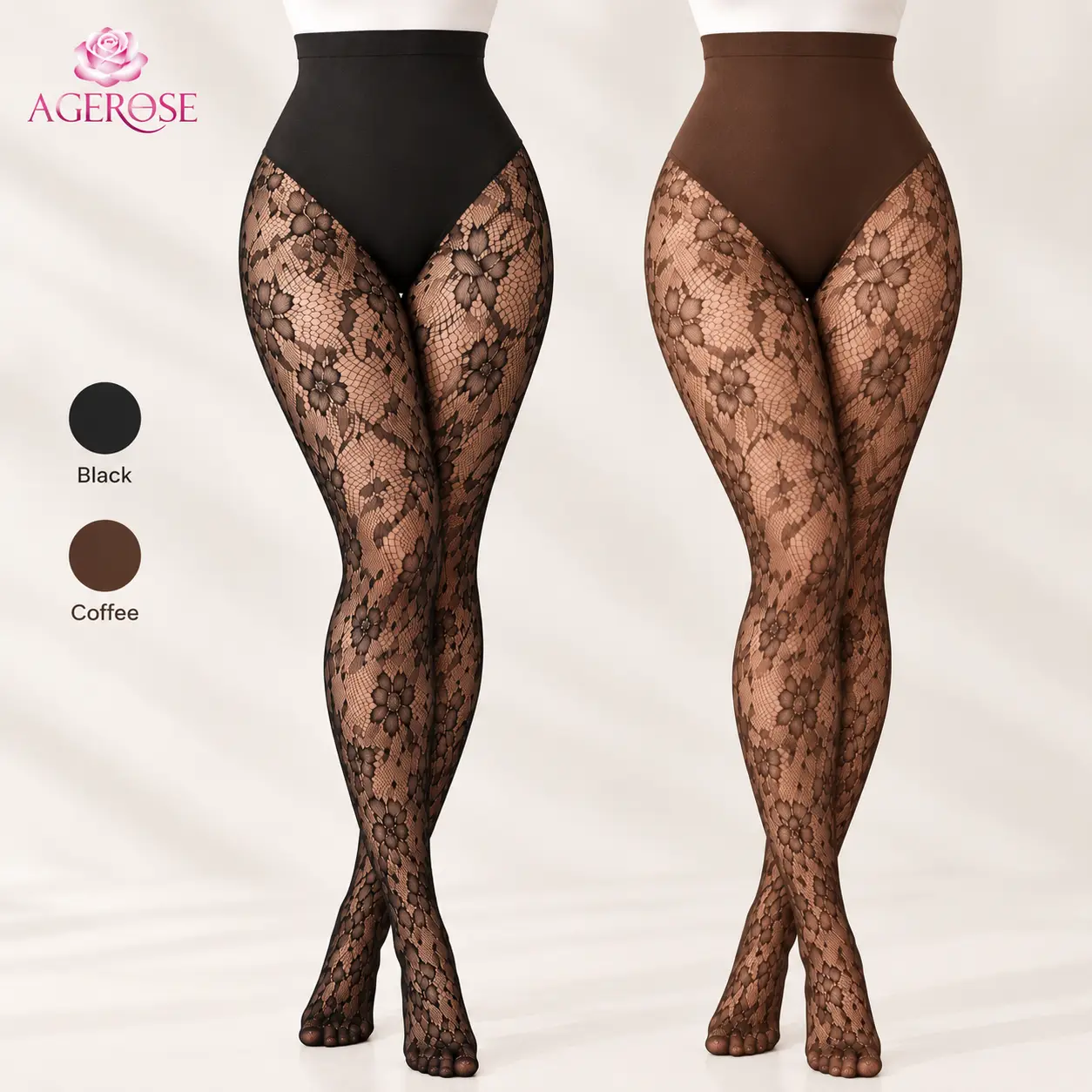 AgeRose Floral Lace Shaping Pantyhose Women High Waist Breathable Mesh Tights All Season Daily Wear, Light Tummy Control & Anti-slip Waistband