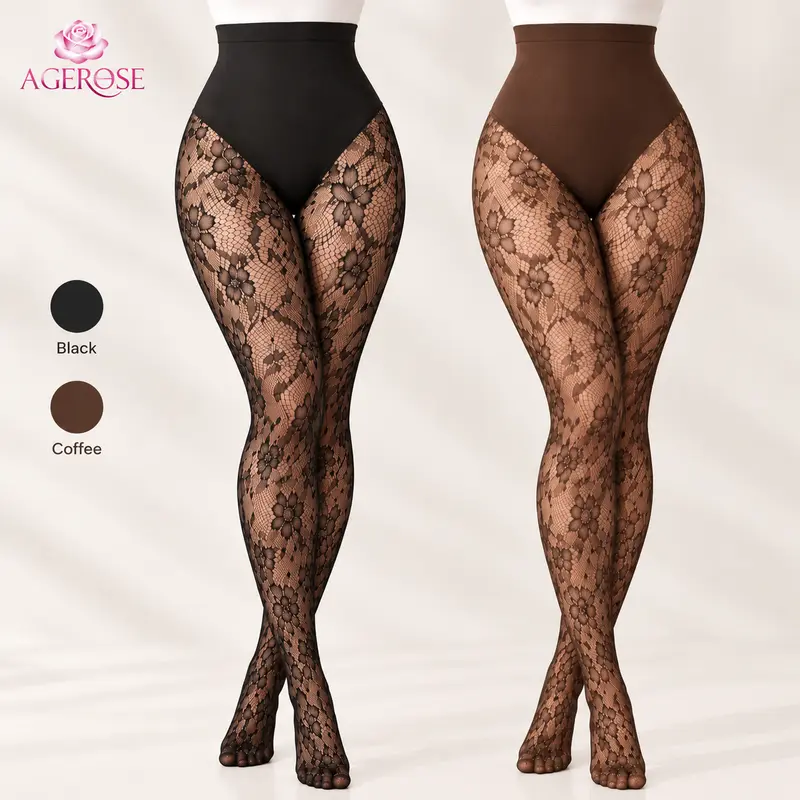 AgeRose Women's Floral Lace Shaping Pantyhose - High Waist, Breathable Mesh Tights, Light Tummy Control, Anti-slip Waistband - Basic Lady Casual Wear for Skirts, All-Season Fits