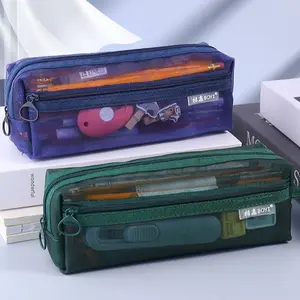 Pen case and stationery bag Double layer transparent mesh Student large capacity pencil case with simple design