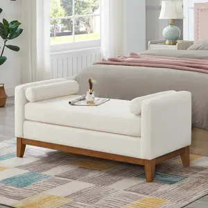 Large Upholstered Boucle Fabric Ottoman with Pillows,Comfort Padded Window Bench for Living Room,Entryway Bench-Ivory