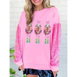 Women's Christmas Sequin Nutcracker Pattern Pullover Full Sequin Long Sleeve Loose Fit Curvy Sweater Sweatshirt Pink Polyester Festive Casual Top