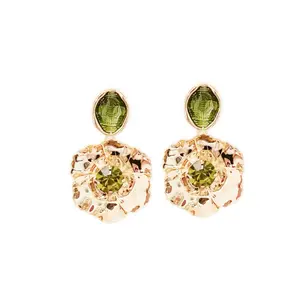 GIGI ARIA EARRINGS 14K Gold Plated 925 Sterling Silver Posts Olive Green Pretty Flowers Dangle Earrings
