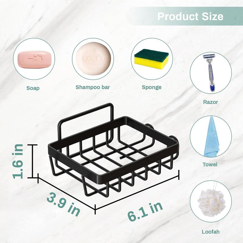 Adhesive Soap Bar Holder for Shower Wall, Self Draining Soap Dish Container  Saver with 2 Hooks for Razor Loofah, Shampoo Sponge Tray Case Box for Bathroom Kitchen Sink, Black