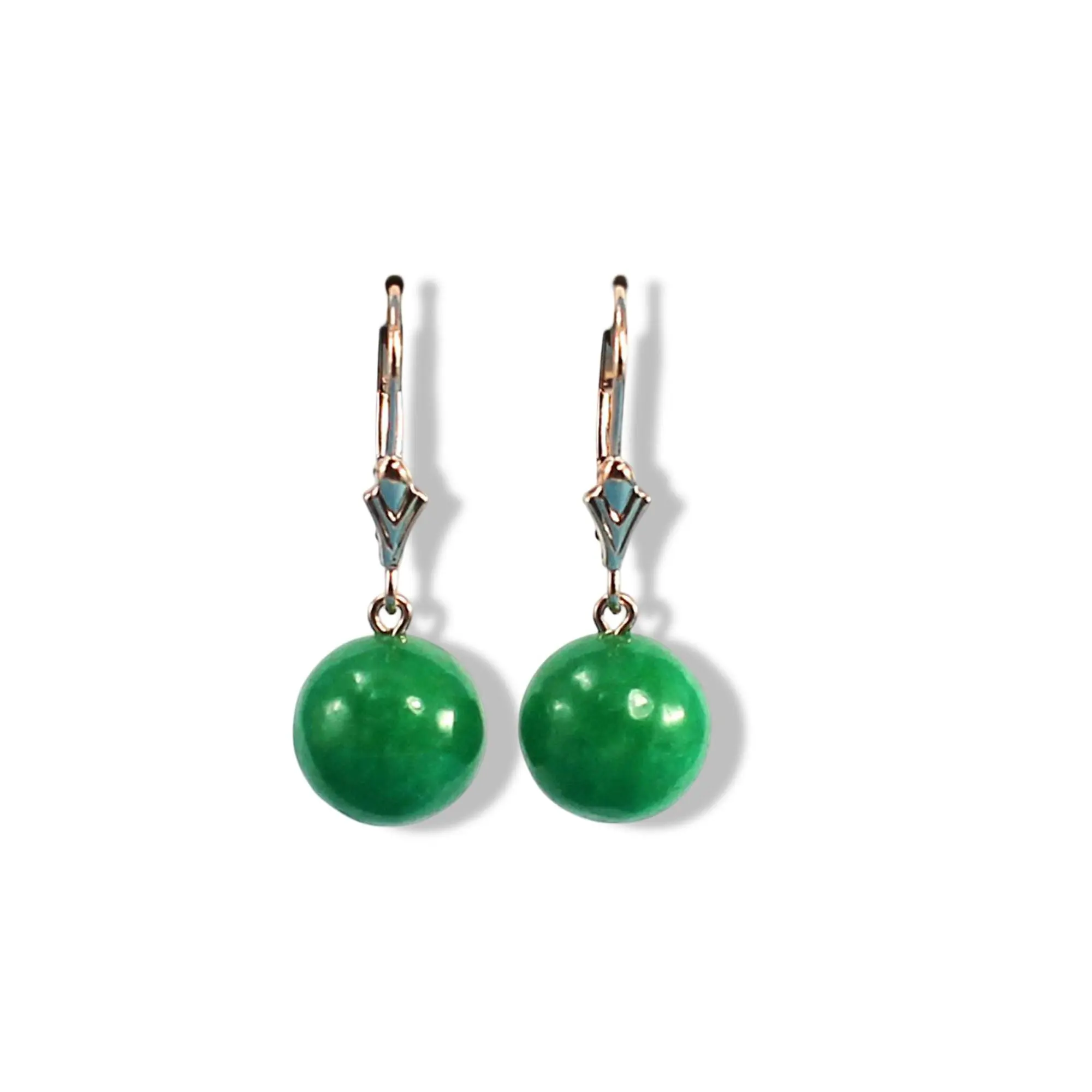 14K Rose Gold Round Green Jade Drop Earrings