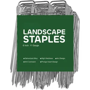100 Pack Landscape Staples 6 Inch 11 Gauge Heavy Duty Hot-Dip Galvanized Steel Garden Stakes U-Shaped Weed Barrier Spikes Metal Ground Pins for Lawn and Yard Landscaping