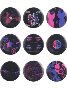 9-Piece TV Girl Band Fan Peripheral Tinplate Soft Button Pin ,Retro Aesthetic Pink Blue Color Scheme Cat Silhouette Moon Star Romantic Lyrics Design Brooch Backpack Clothes Lapel Jacket Badge ,Unisex Daily Accessory,Fashion Jewelry Gift for Musi