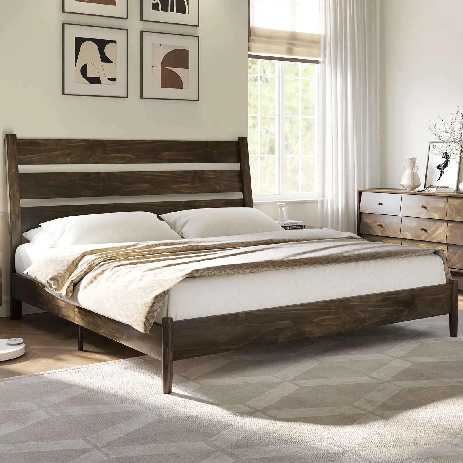 AMERLIFE Solid Wood Bed Frame, Mid Century Platform Bed with Reclining Slatted Headboard, Wood Slat Support/No Box Spring Needed/Noise Free
