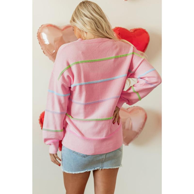 Pink Rainbow Stripes Drop Shoulder Baggy Henley Sweater