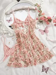 Women's Romantic Butterfly Lace Babydoll Nightgown Set, Floral Embroidery Sleepwear Bridal Honeymoon Lingerie