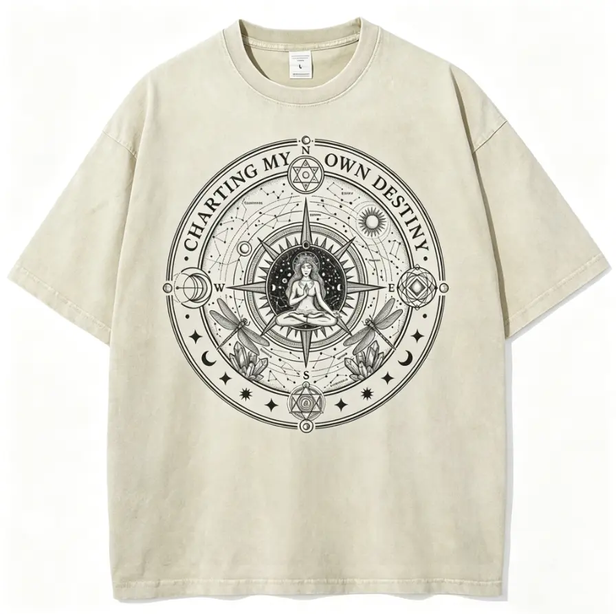 Charting My Own Destiny Zodiac Compass Celestial Lady Vintage Washed Graphic Short Sleeve T-Shirt, Womens Mystical Self Empowerment Casual Tops, 100% Washed Cotton Printed Craft Summervibes Tee, Oversized Soft Distressed Relaxed Fit Tees