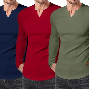 Royaura 3 Pack Mens Long Sleeve Muscle T Shirts Casual V-Neck Longline Ribbed Tee Shirts