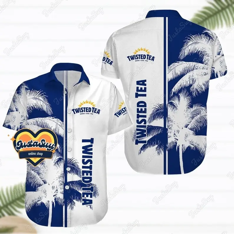 Twisted Tea Hard Iced Tea Hawaiian Shirt Men Women Palm Tree Blue White Print 2PC Loose Casual Aloha Summer Beach Party Drinking Matching Outfit