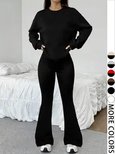 Women's Fall Winter 2-Piece Set, Round Neck Loose Fit Sweatshirt + High Waist Leggings, Casual Fitted Long Sleeve