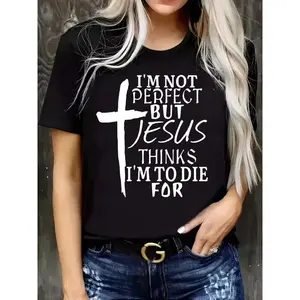 Casual Plus Size Short Sleeve Cross & Letter Print T-Shirt - Women's Spring & Summer Clothing