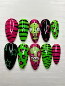 Handmade Invader Zim Press On Nails, 3D GIR Robot Dog Alien Art, Neon Green Pink Emo False Nails, Y2K Cartoon Fan Gift