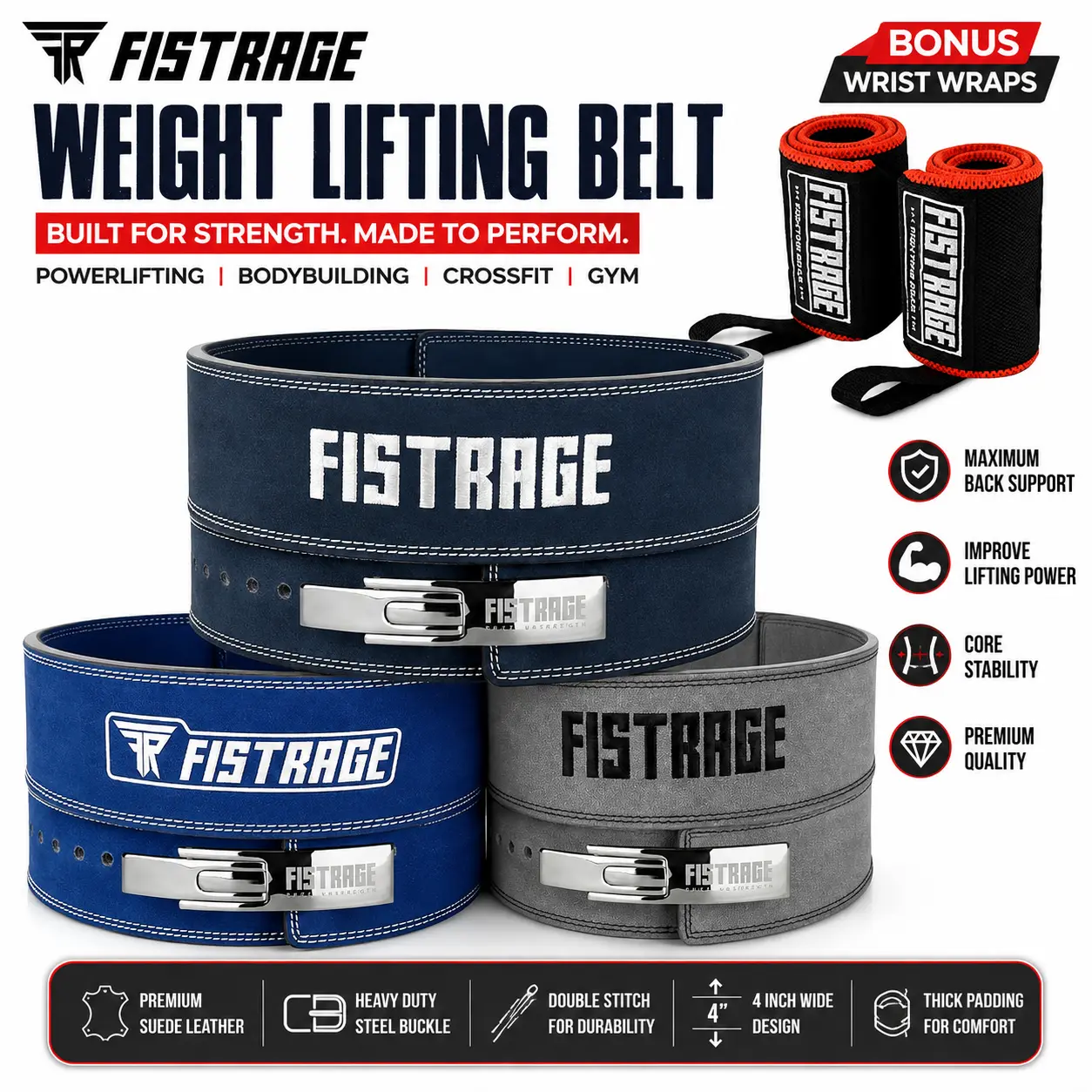 FISTRAGE Lever Buckle Weight Lifting Leather Black Belt Gym Back Support for Men & Women Training Fitness Exercise for Tough Workouts | Power Lifters | Supports Lumber Lower Back