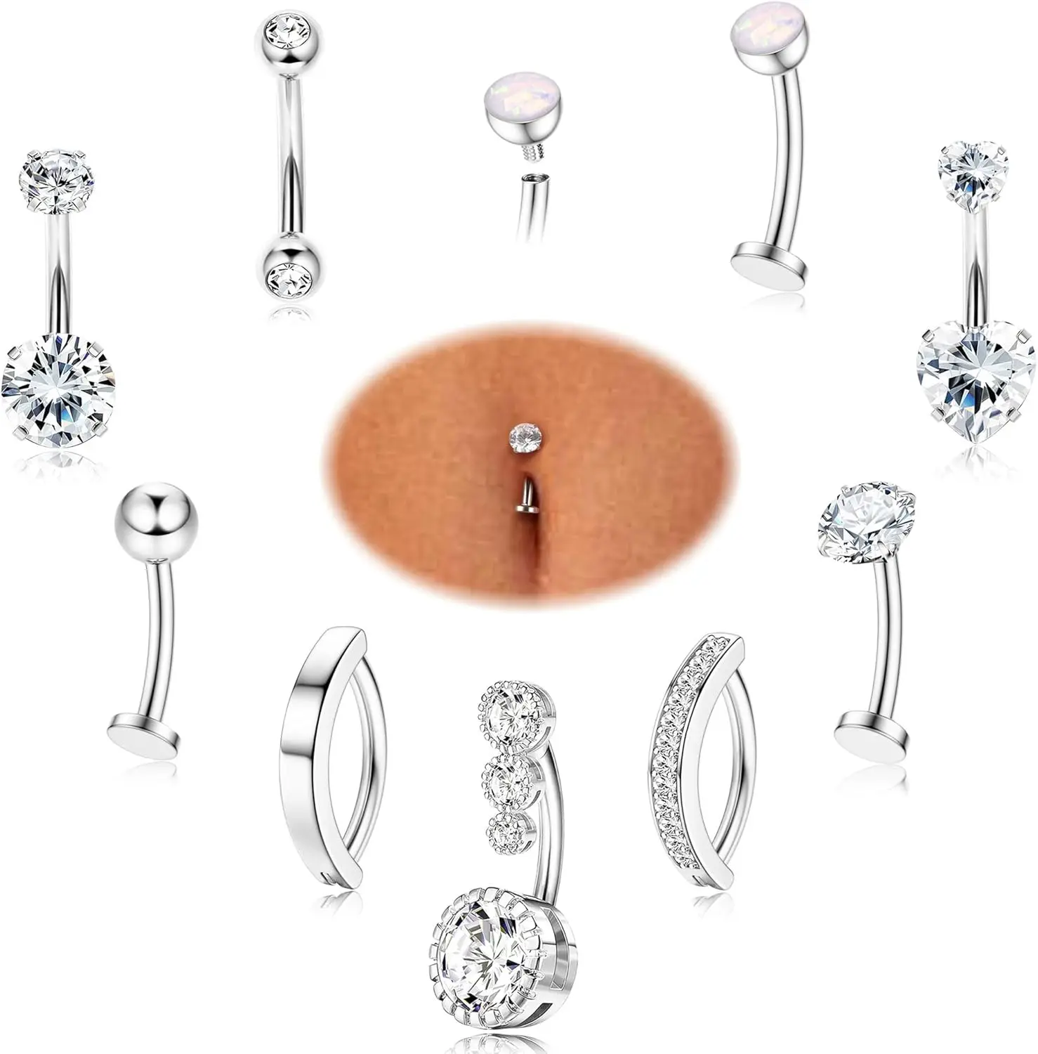 9 count  Button Ring - Surgical Stainless Steel Floating CZ Heart Clicker  Piercings for Women Navel  Piercings  Pack