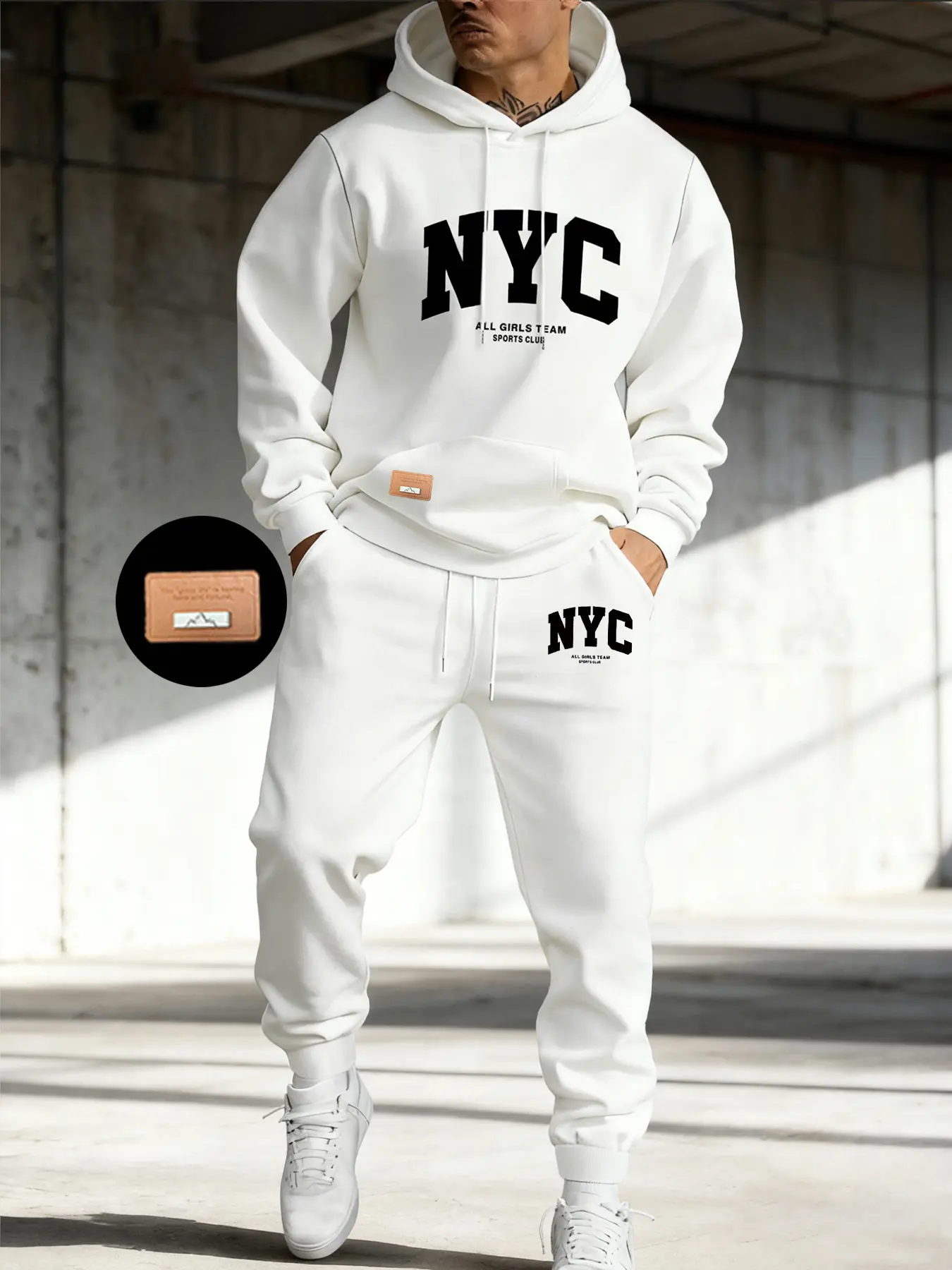 Men's Nyc Letter Print Hooded Thickened Sweatshirt + Drawstring Sports Pants Tracksuit Set, Casual Fall & Winter, Pocket Patch Design