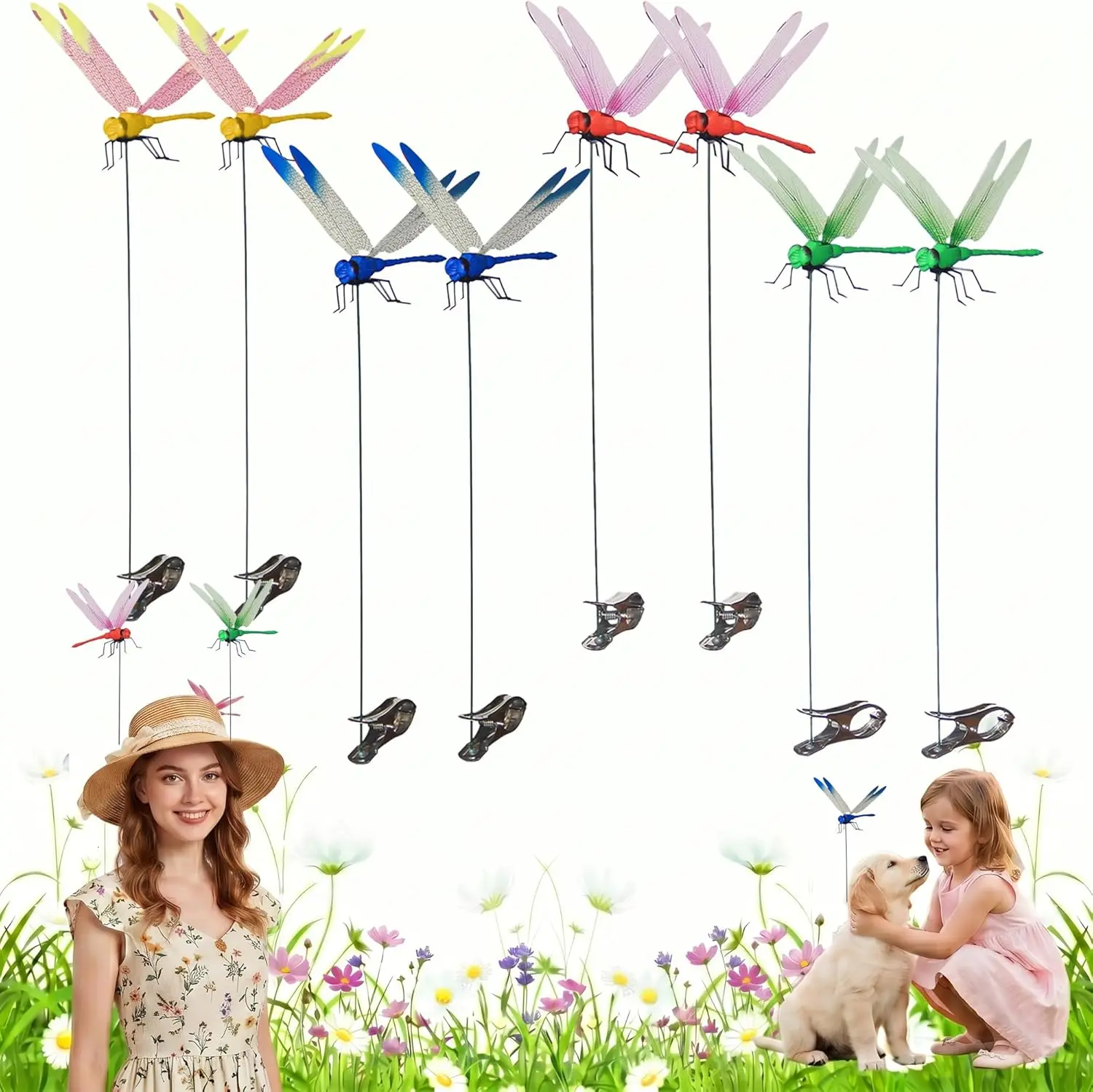 8PCS Outdoor  Dragonfly Rod Clip, Garden Metal Dragonfly Clip. Natural Organic Concept, 3D Dragonfly Garden Decoration, Creative Home Accessories，A garden bird and flying insect dispersal device suitable for indoor and outdoor gardens