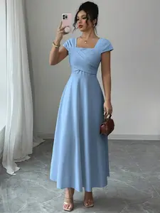 Modelyn Women's Solid Color Square Neck Raglan Sleeve Criss-Cross Bust Elegant Dress