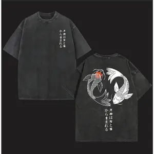 American Retro Washed Dark Style Yin Yang Koi Fish Print Men's Crew Neck Short Sleeve T-Shirt High Street Trendy Brand Heavyweight Half Sleeve Top good graphic tees baggy shirt