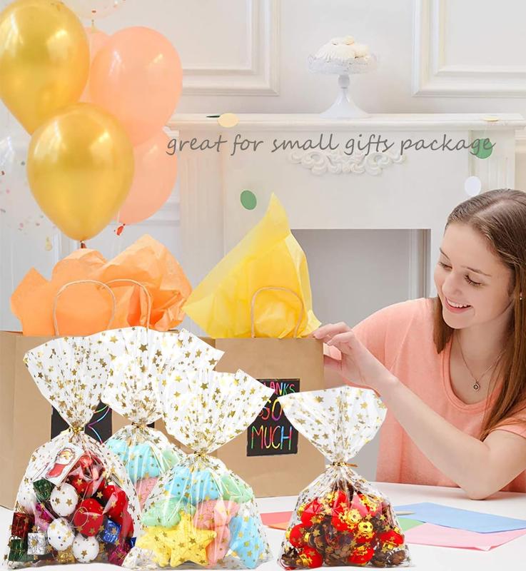 100 Pcs Star Printed 5"X 7" Gift Wrap Cello Cellophane Treat Bags Party Favor bags Clear Candy Cookie Bag Plastic Poly Goodie Storage Bag with Twist Ties for Bakery,Birthday, Wedding ,Party Decorations (Gold)