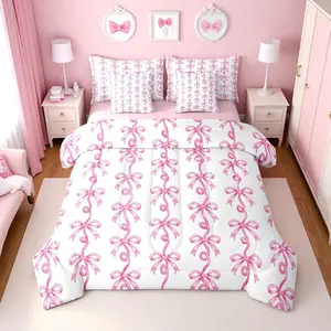 Pink Bow Bedding Set,7 Piece Girls Pink Ribbon Bow Tie Comforter Bed Set with Sheets,Kids Women,Cute Coquette Bows Striped Bed Bag,Princess Bowtie Sheet