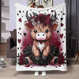 Cute Highland Cow Plush Blanket with Flower Crown - Large Soft Fluffy All-Season Comfortable Blanket for Home, Sofa, Car, and Office - Cute Scottish Cow Design with Hearts and Flowers, Black and White Modern Bedspread