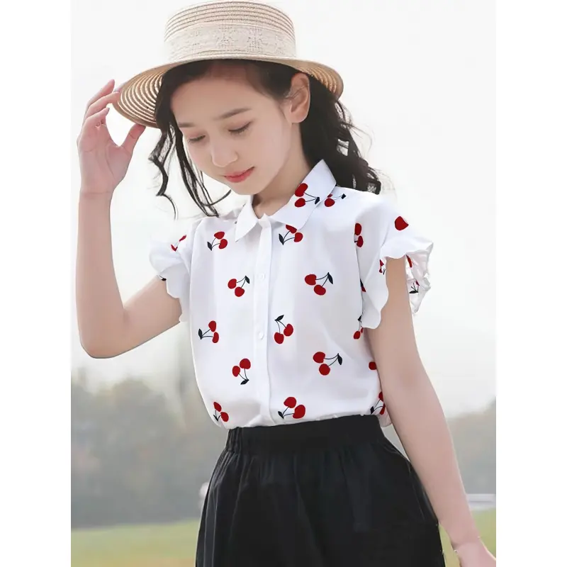Girls' European Fashion Cartoon Cherry Print Short-Sleeve Blouse, White with Red Cherries & Green Leaves, Drop-Shoulder Ruffled Shirred, Non-Stretch Spring Casual Top, 3-4y/5-6y/7-8y Cutie Girls' Blouses & Shirts