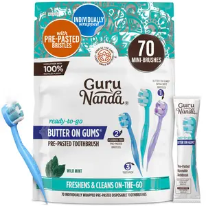 GuruNanda Ready-to-Go Pre-Pasted Butter on Gums Mini Travel Toothbrush with Toothpick, Fluoride-Free, No Rinsing Needed, Individually Wrapped & TSA Friendly, 70 Ct GuruNanda Ready-to-Go Pre-Pasted Butter on Gums Mini Travel Toothbrush with Toothpick, Fluoride-Free, No Rinsing Needed, Individually Wrapped & TSA Friendly, 70 Ct