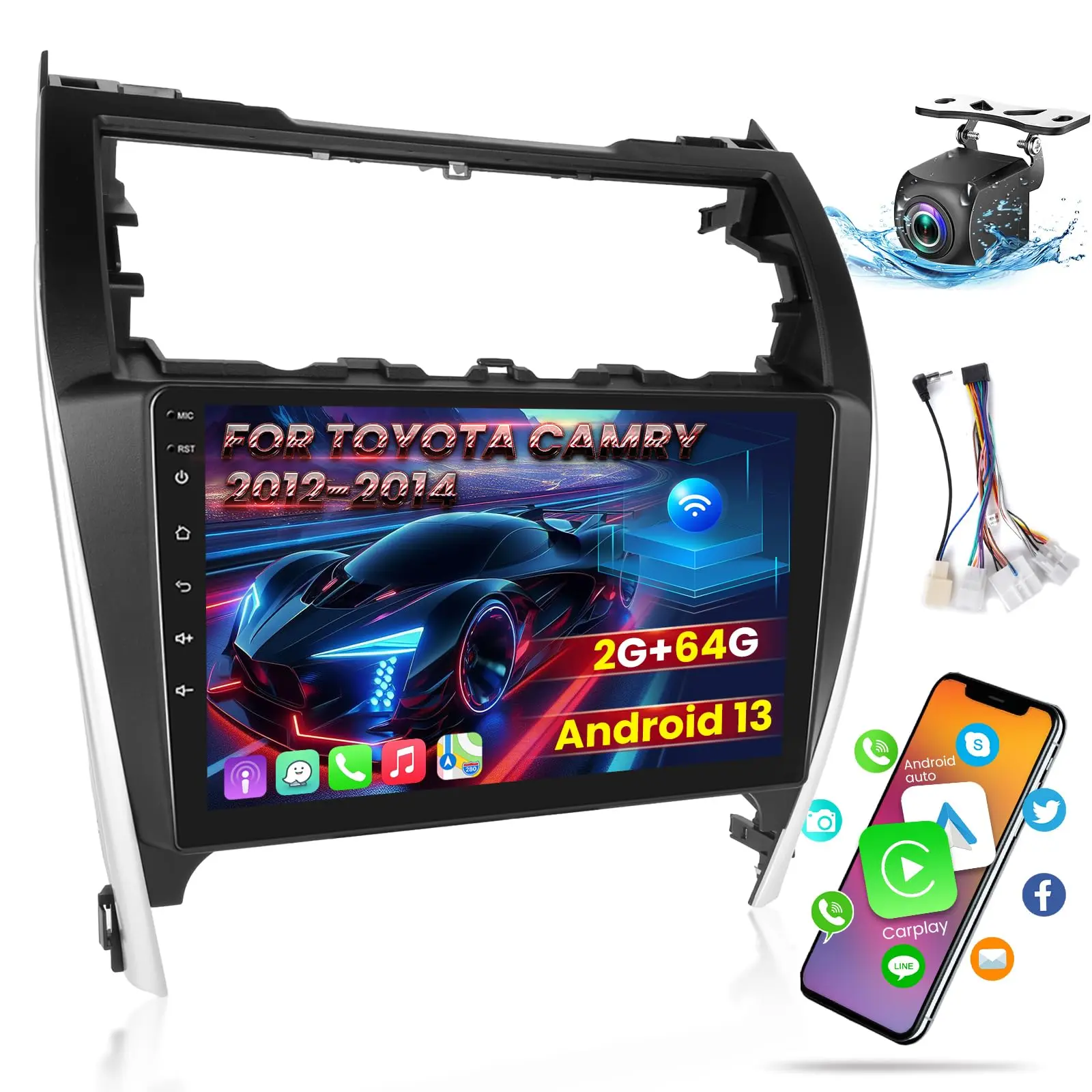 [2+64G] 10.1in Double Din Android 13 Car Video Player for Toyota Camry 2012-2014, Radio Screen, Bluetooth Stereo, Wired/Wireless CarPlay, Android Auto, AHD Backup Camera, HiFi Audio, WiFi Hotspot, SWC, GPS Touch Screen, Android Radio Screen Car Video Play