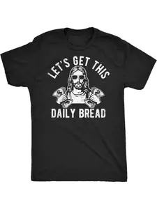 Humorous T-Shirt for Men - "Let'S Obtain Our Daily Bread" Religious Comedy Tee, Black with White Design - Lightweight Shirt Suitable for All Seasons for Church, Gym, Easter Presents - Easy to Wash Casual Christian Clothing, Workout Attire