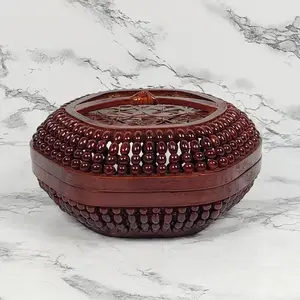Handmade Asian Bamboo Lacquered Beaded Basket Vintage