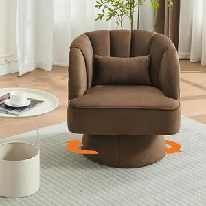 Modern Swivel Barrel Accent Chair, 360 Degree Velvet Upholstered Armchair with Striped Backrest & Plush Padding, Comfy Round Lounge Chair for Living Room, Bedroom, Reading Nook, Brown