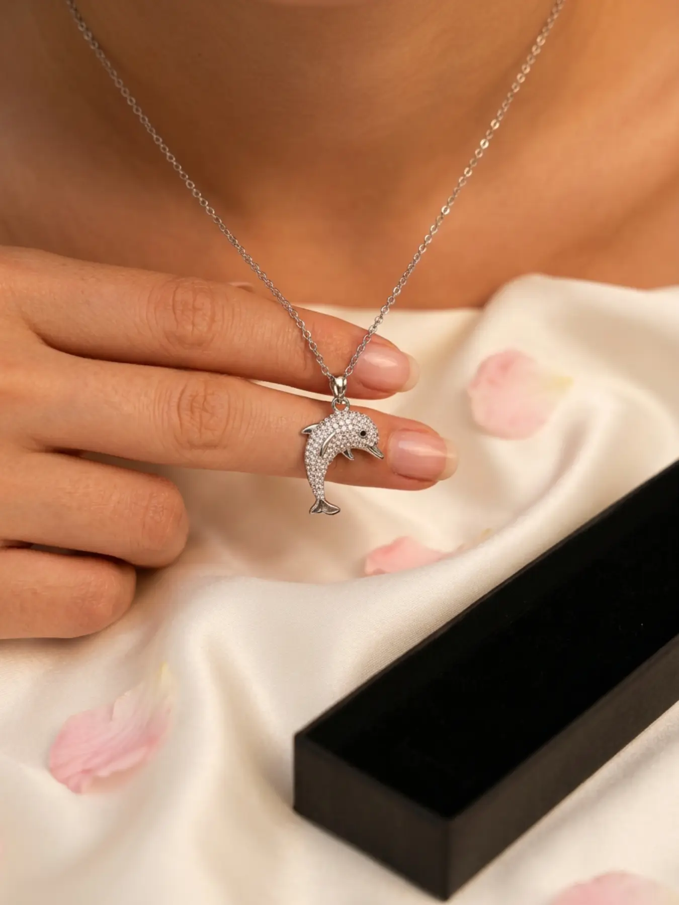 Beach Vacation Full Rhinestone Dolphin Necklace - Titanium Steel Shiny Clavicle Chain Girlish Ocean Style Accessory Dolphin Pendant
