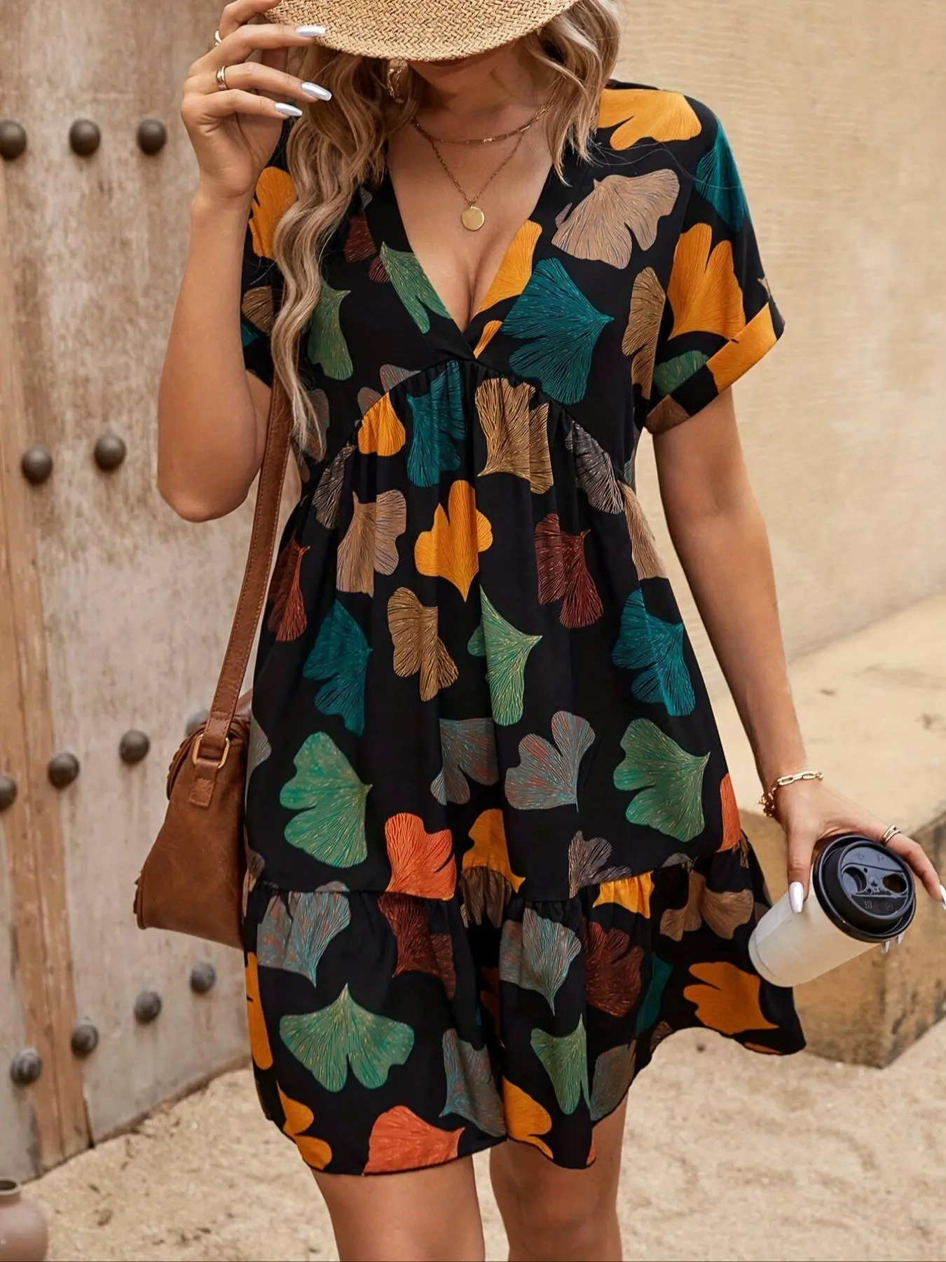 Women's V Neck Dress Floral Print Batwing Sleeves Mid-Length Flowy Hem  Perfect for Vacation Dates, Elegant Plain Style - TikTok Shop