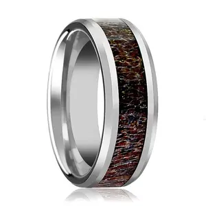 Tungsten Dark Brown Antler Inlay - Tungsten Wedding Band - Beveled - Polished Finish - 8mm - Tungsten Wedding Ring