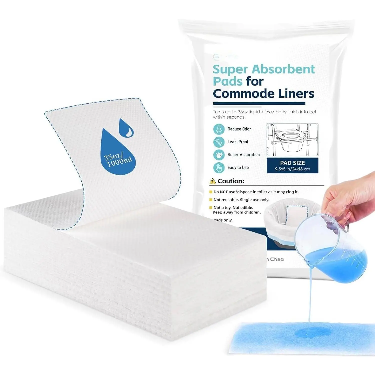 Super Absorbent Commode Pads, 50 Pack Bedside Commode Pads for Commode Liners Disposable, Portable Toilet Pads Bedpans for Adults Potty Bags Chair Bucket, Reduces Odor for Liquid