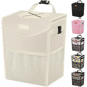Cute Leakproof Car Trash Can with Lid-Portable Automotive Garbage Bin Organizer for Front and Back Seats-Trapezoid Shape, Beige-Hanging Vehicle Trash Bag for Small Waste Storage
