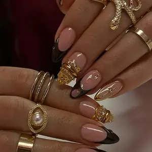Gold Charm Press On Nails, Luxury Gold French Tip Nail Set, Old Money Black French, Elegant Nails, Black Gold Nails