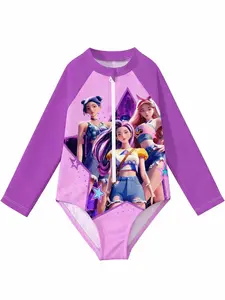 Long Sleeve One Piece Swimwear Graphic Print Zipper Front Purple Pink