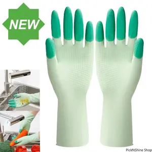 Silicone Dishwashing Gloves Long Sleeve Kitchen Cleaning Gloves Anti Slip Reusable Durable Household Washing Scrubbing Protective Cleaning Accessory