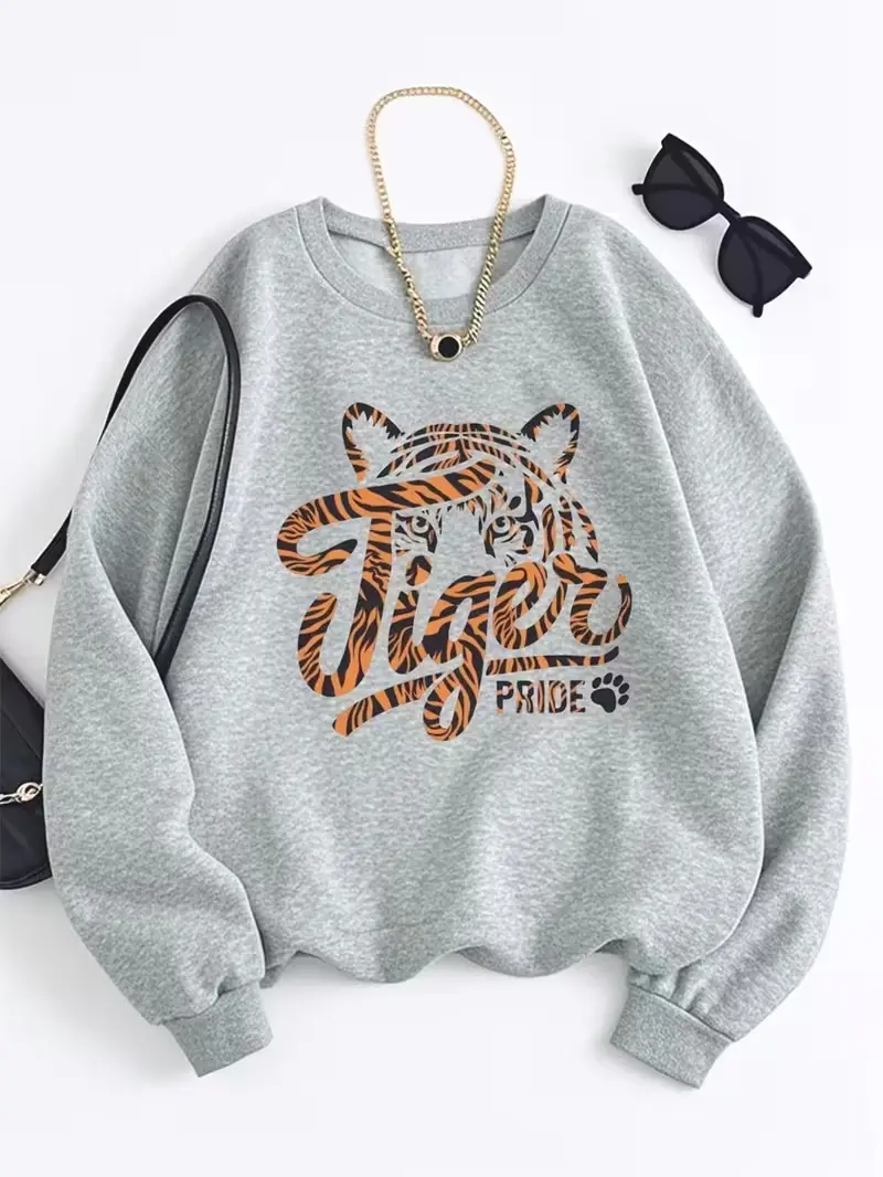 Tiger Pride Tiger‑Stripe Fill Graphic Crewneck Sweatshirt, Sporty Casual Pullover, Casual Daily Outfit, Holiday Gift, Vintage Retro All‑Season Style